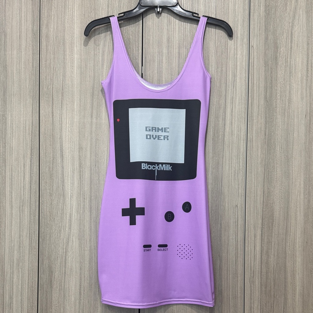 BlackMilk Lavender Game Console Mini Dress with Black Print